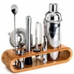 11 Pieces Cocktail Shaker Set With Wood Base